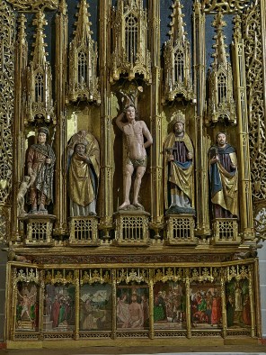 성 로코와 랭스의 성 니카시오와 성 세바스티아노와 성 블라시오와 베로나의 성 베드로 제단 조각_photo by Jl FilpoC_from the main altarpiece of the Collegiate Church of Bolea in Huesca_Spain.jpg